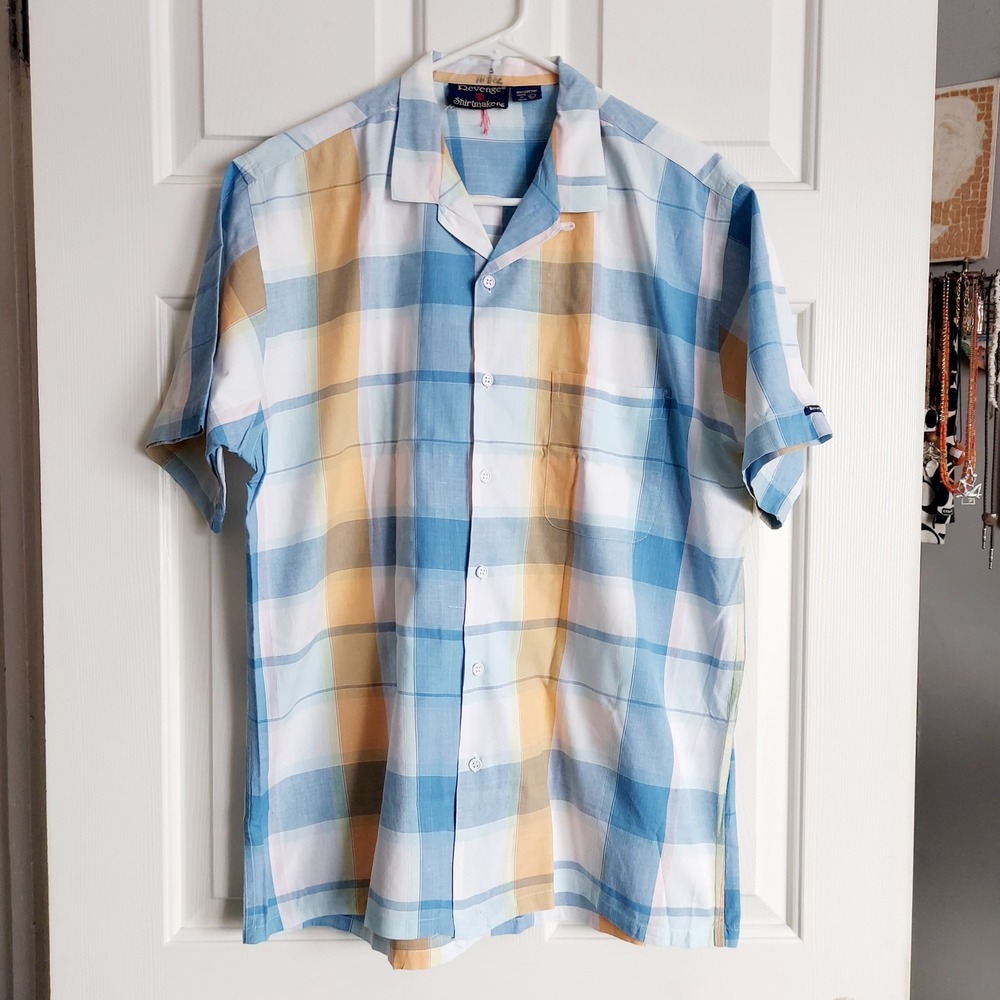 Revenge Shirtmakers Mens Blue Yellow Plaid Cotton Short Sleeve Camp Shirt Large